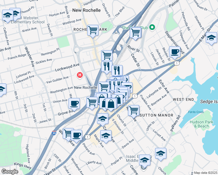 map of restaurants, bars, coffee shops, grocery stores, and more near 265 Huguenot Street in New Rochelle