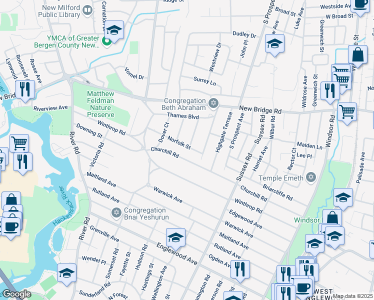 map of restaurants, bars, coffee shops, grocery stores, and more near 553 Churchill Road in Teaneck