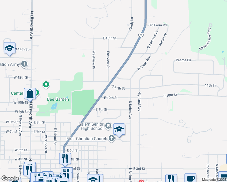 map of restaurants, bars, coffee shops, grocery stores, and more near 1126 East 10th Street in Salem
