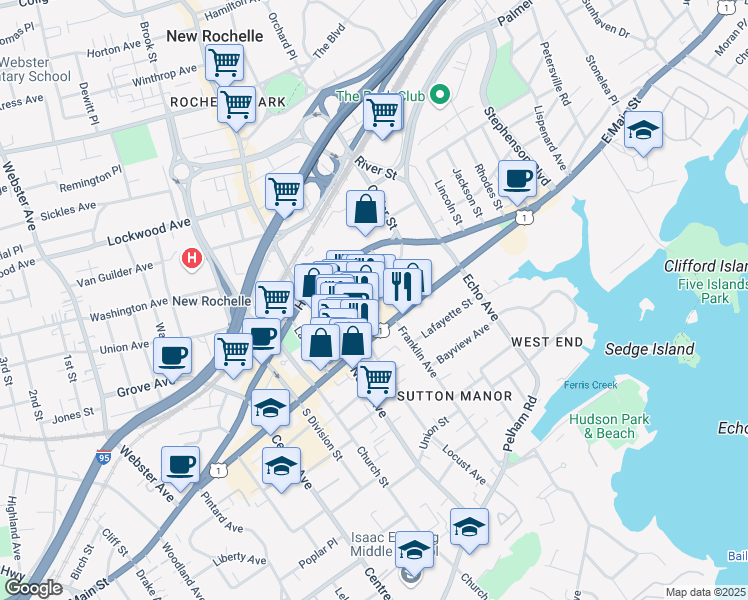 map of restaurants, bars, coffee shops, grocery stores, and more near 37 Lecount Place in New Rochelle