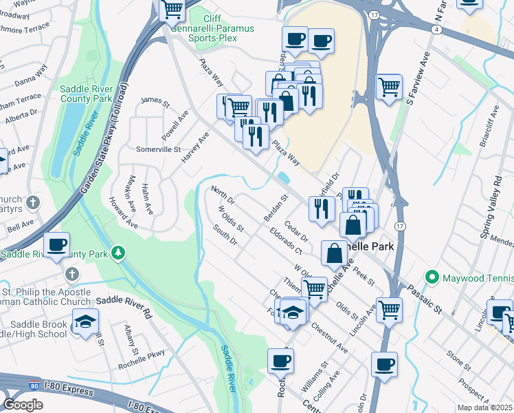 map of restaurants, bars, coffee shops, grocery stores, and more near 15 Schlosser Drive in Rochelle Park
