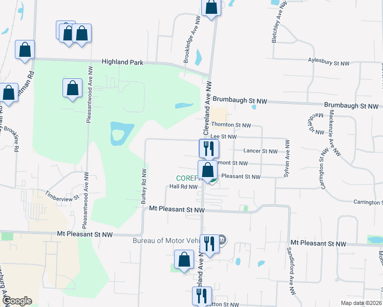 map of restaurants, bars, coffee shops, grocery stores, and more near 3280 Sumser Street Northwest in North Canton