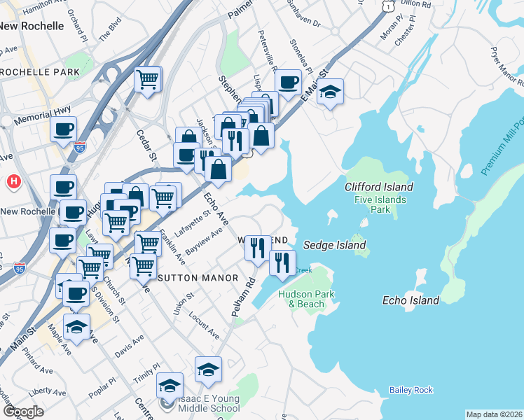 map of restaurants, bars, coffee shops, grocery stores, and more near 41 Decatur Road in New Rochelle