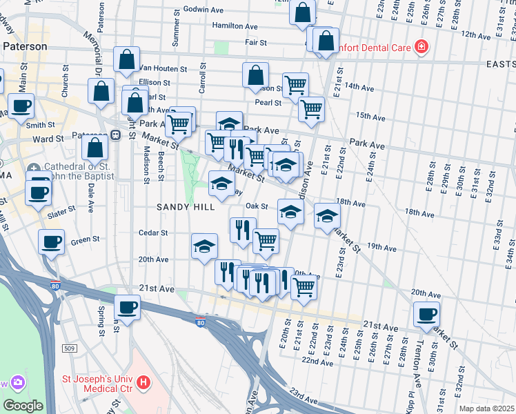 map of restaurants, bars, coffee shops, grocery stores, and more near 2 Lewis Street in Paterson