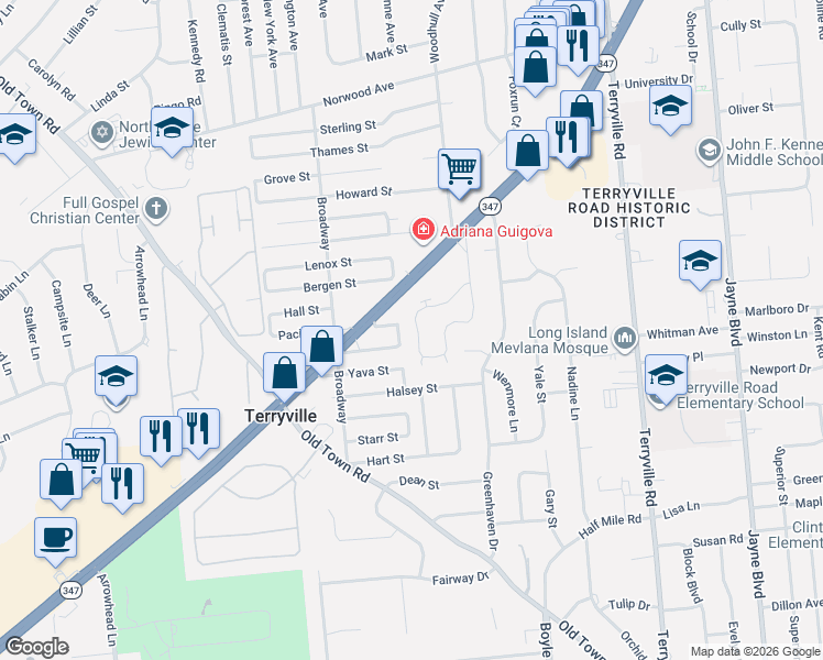 map of restaurants, bars, coffee shops, grocery stores, and more near 40 Crown Street in Port Jefferson Station