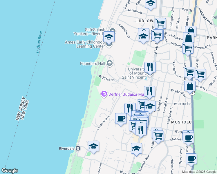map of restaurants, bars, coffee shops, grocery stores, and more near 5961 Palisade Avenue in Bronx