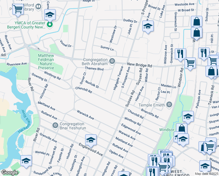 map of restaurants, bars, coffee shops, grocery stores, and more near 121 Westminster Avenue in Bergenfield