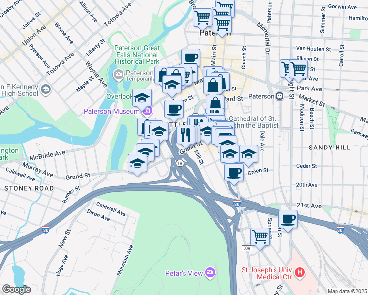 map of restaurants, bars, coffee shops, grocery stores, and more near 152 Mill Street in Paterson