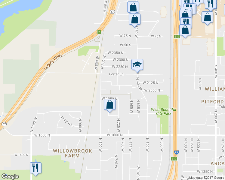 map of restaurants, bars, coffee shops, grocery stores, and more near West 2000 North in West Bountiful