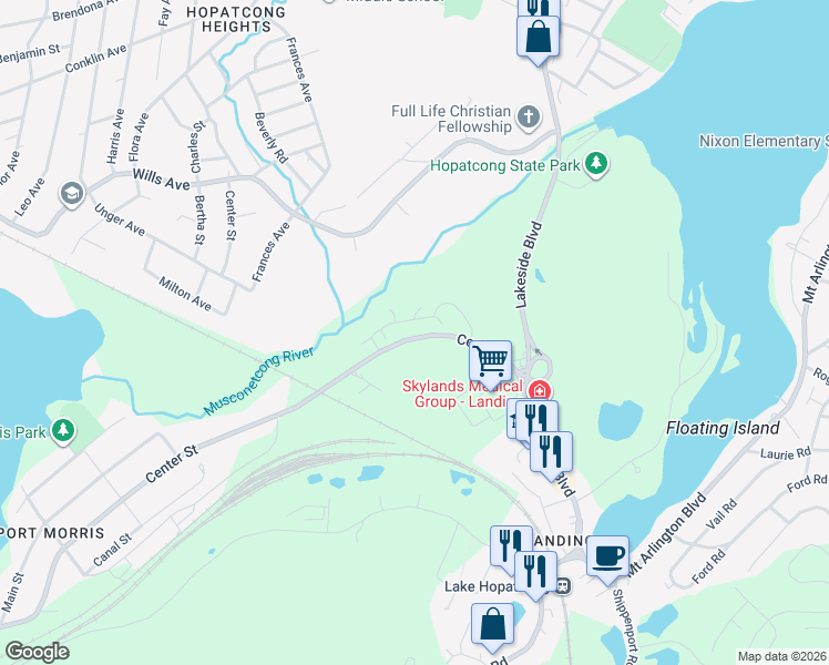 map of restaurants, bars, coffee shops, grocery stores, and more near 155 Center Street in Roxbury Township