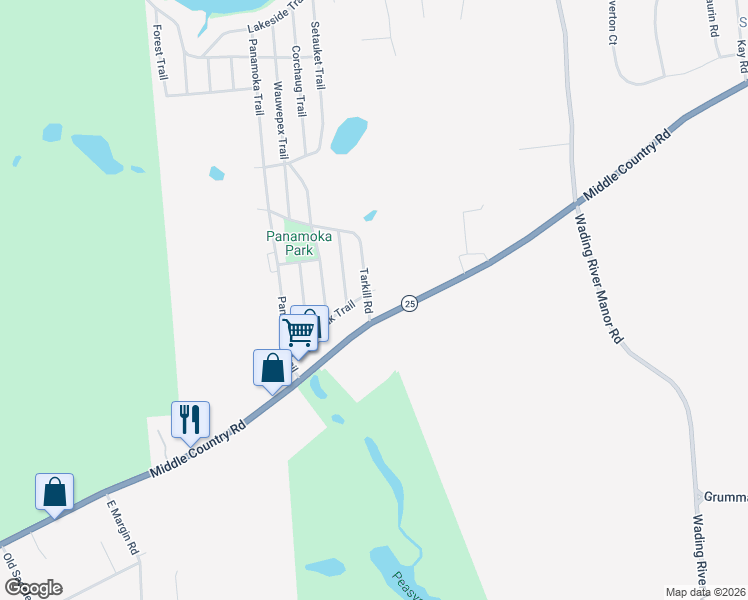map of restaurants, bars, coffee shops, grocery stores, and more near 76 Montauk Trail in Ridge
