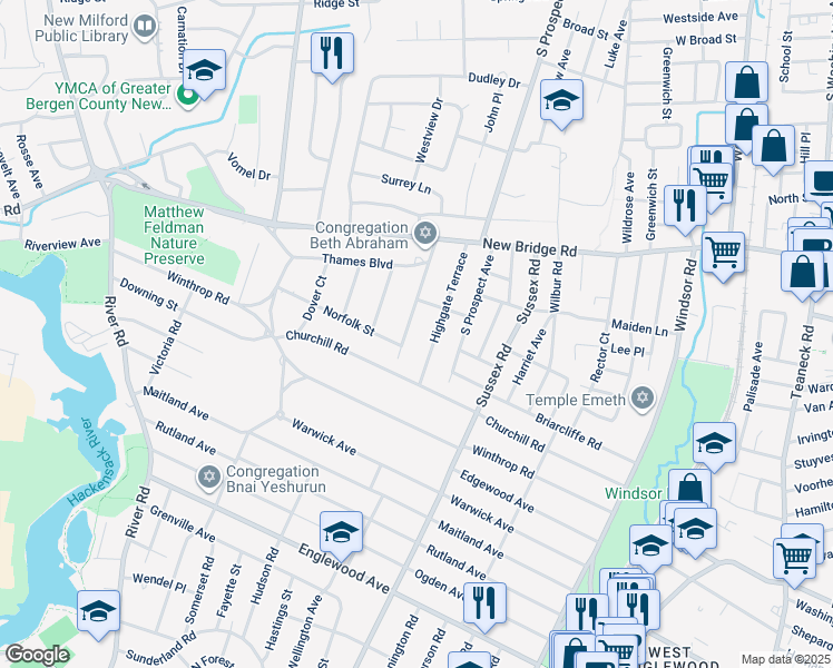 map of restaurants, bars, coffee shops, grocery stores, and more near 121 Westminster Avenue in Bergenfield