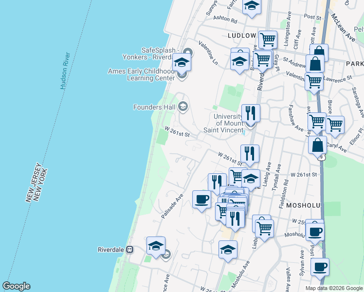 map of restaurants, bars, coffee shops, grocery stores, and more near 750 West 261st Street in The Bronx