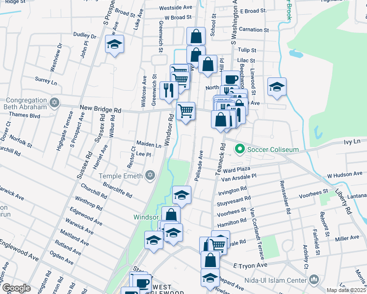map of restaurants, bars, coffee shops, grocery stores, and more near 1775 Windsor Road in Teaneck