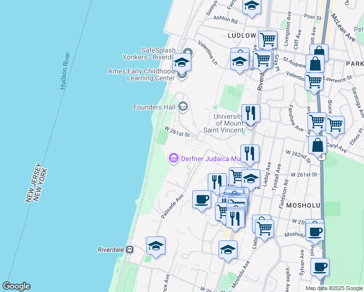 map of restaurants, bars, coffee shops, grocery stores, and more near 750 West 261st Street in The Bronx