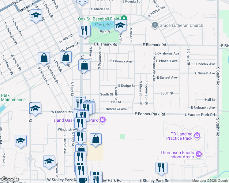 map of restaurants, bars, coffee shops, grocery stores, and more near 335 South Street in Grand Island