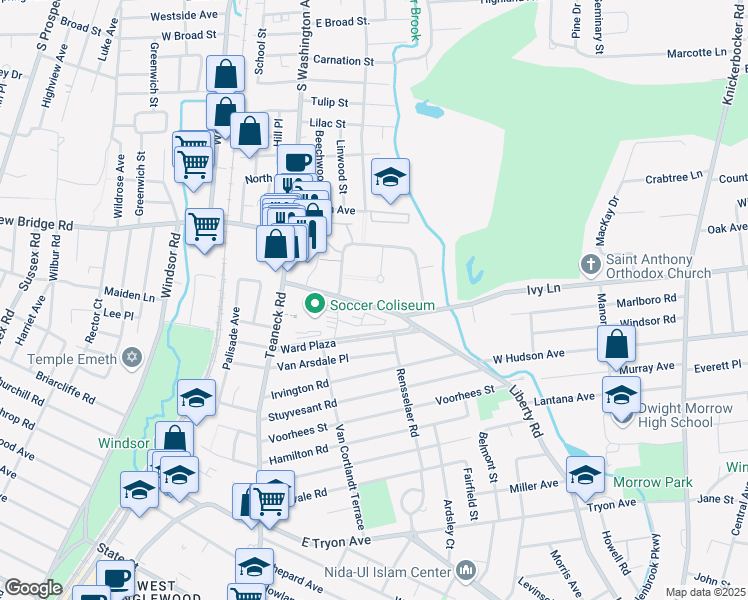 map of restaurants, bars, coffee shops, grocery stores, and more near 101 Liberty Road in Teaneck