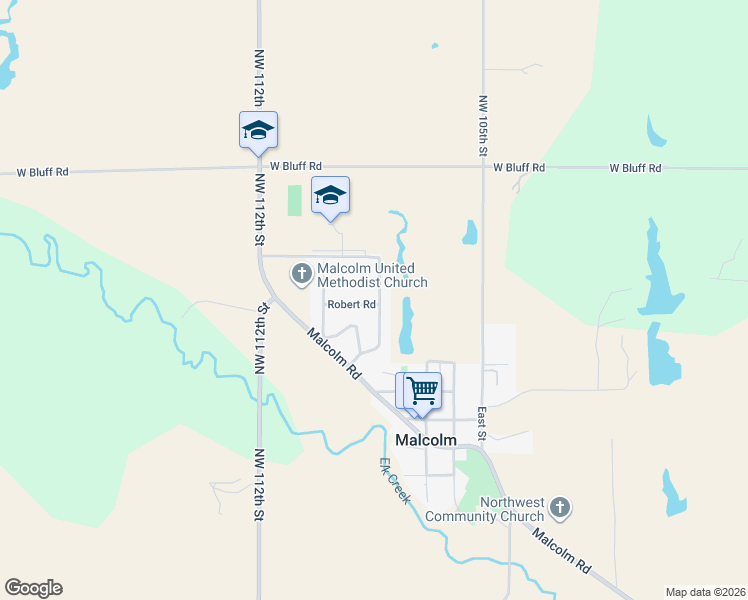 map of restaurants, bars, coffee shops, grocery stores, and more near 310 Elk Creek Road in Malcolm