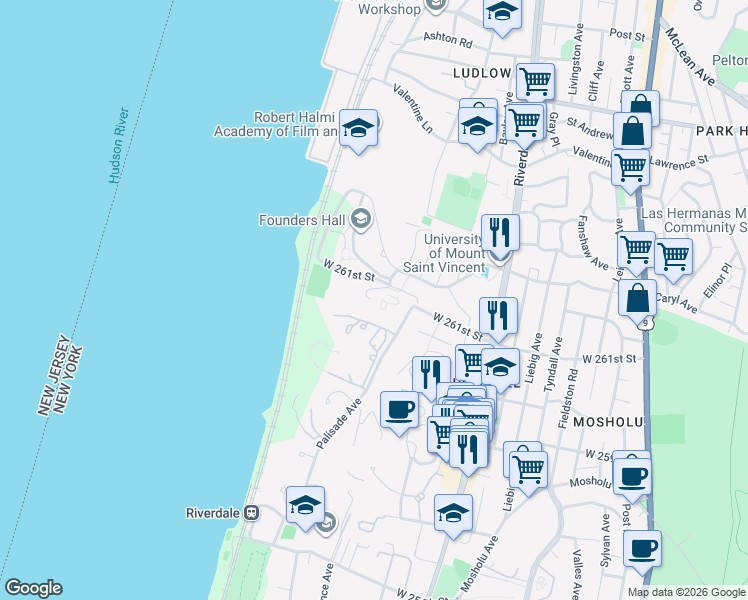 map of restaurants, bars, coffee shops, grocery stores, and more near Asylum Road in Bronx