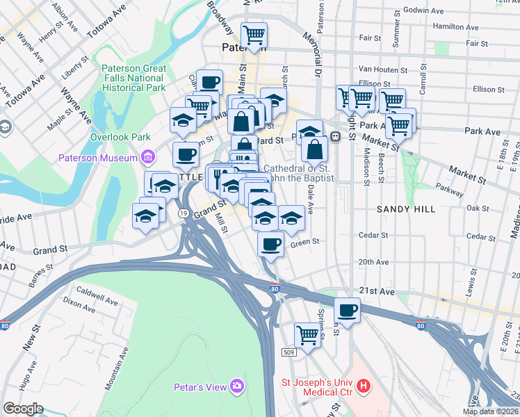 map of restaurants, bars, coffee shops, grocery stores, and more near 421 Main Street in Paterson