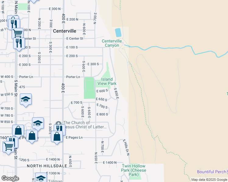 map of restaurants, bars, coffee shops, grocery stores, and more near 614 South 850 East in Centerville