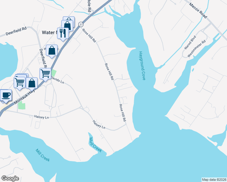 map of restaurants, bars, coffee shops, grocery stores, and more near 294 Rose Hill Road in Water Mill