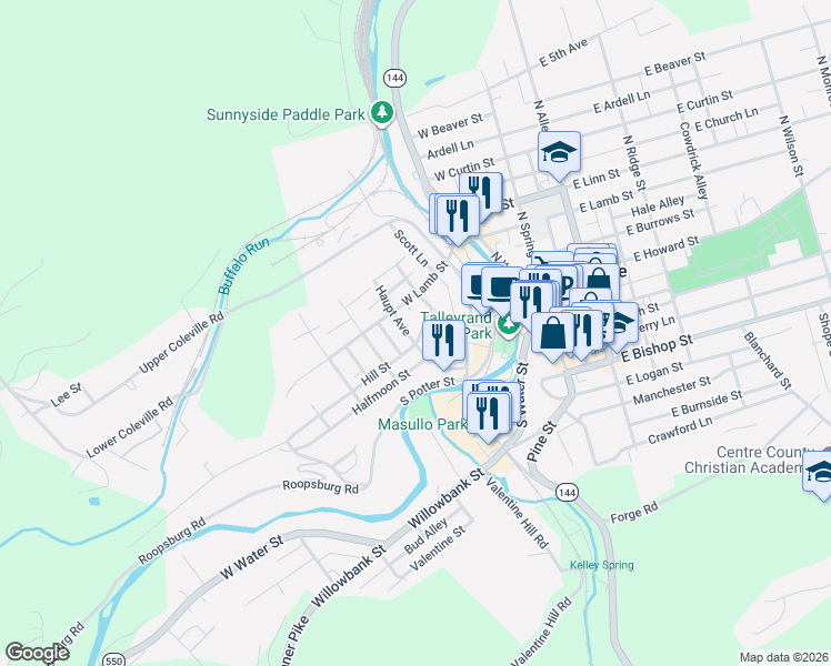 map of restaurants, bars, coffee shops, grocery stores, and more near 100-138 Morning Aire Lane in Bellefonte