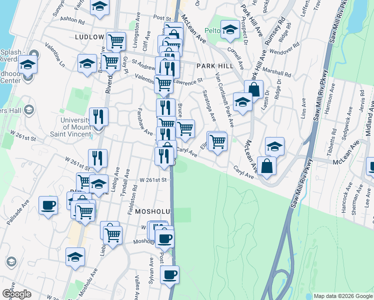 map of restaurants, bars, coffee shops, grocery stores, and more near Caryl Avenue & Landscape Avenue in Yonkers
