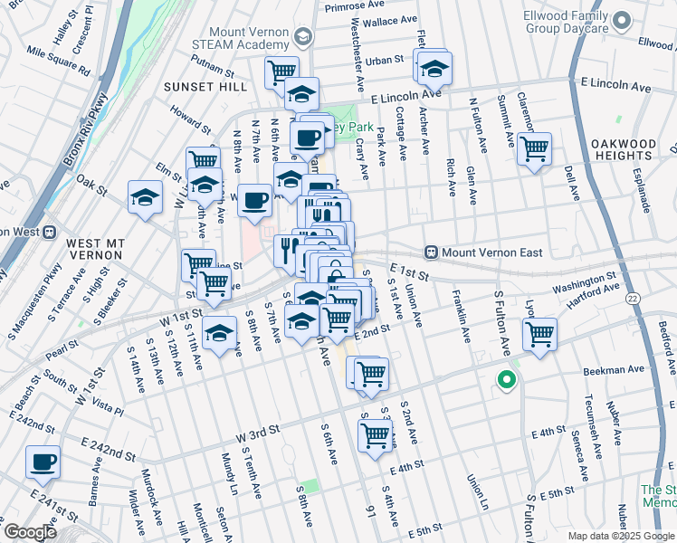 map of restaurants, bars, coffee shops, grocery stores, and more near 24 South 3rd Avenue in Mount Vernon