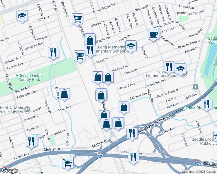 map of restaurants, bars, coffee shops, grocery stores, and more near 404 North Midland Avenue in Saddle Brook