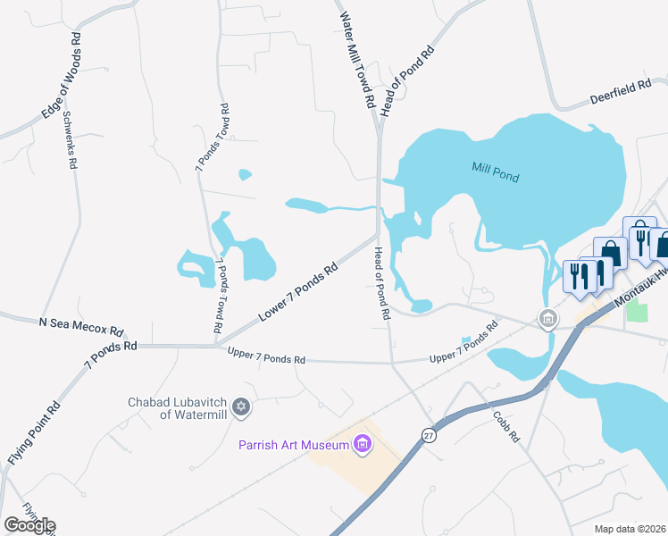 map of restaurants, bars, coffee shops, grocery stores, and more near 72 Lower 7 Ponds Road in Water Mill