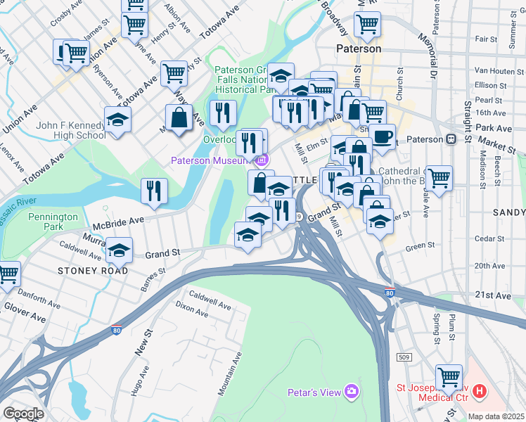 map of restaurants, bars, coffee shops, grocery stores, and more near 6 Morris Street in Paterson