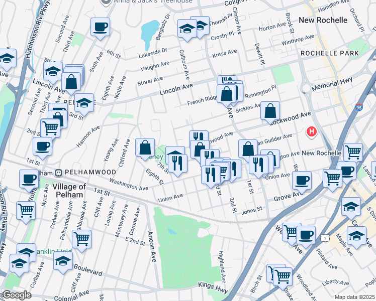 map of restaurants, bars, coffee shops, grocery stores, and more near 8 Madeleine Avenue in New Rochelle
