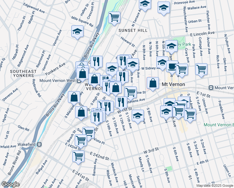 map of restaurants, bars, coffee shops, grocery stores, and more near in Mount Vernon