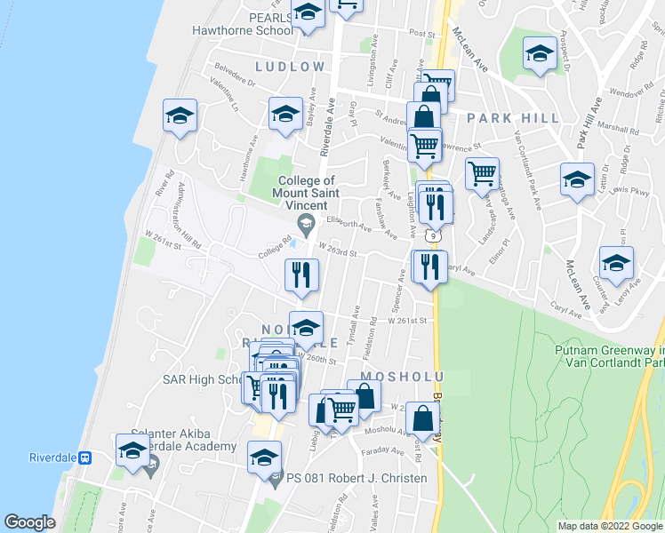 map of restaurants, bars, coffee shops, grocery stores, and more near 6141 Delafield Avenue in Bronx
