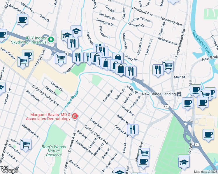 map of restaurants, bars, coffee shops, grocery stores, and more near 130 Davis Avenue in Hackensack