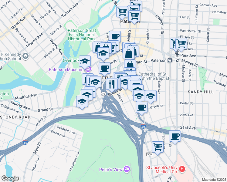 map of restaurants, bars, coffee shops, grocery stores, and more near 152 Mill Street in Paterson