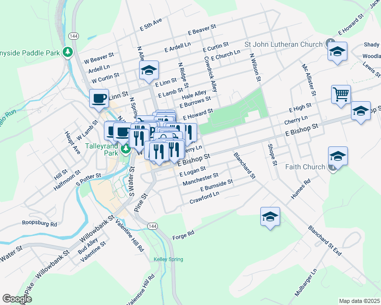 map of restaurants, bars, coffee shops, grocery stores, and more near 132-164 East Bishop Street in Bellefonte