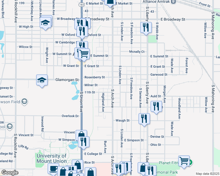 map of restaurants, bars, coffee shops, grocery stores, and more near 225 11th Street in Alliance