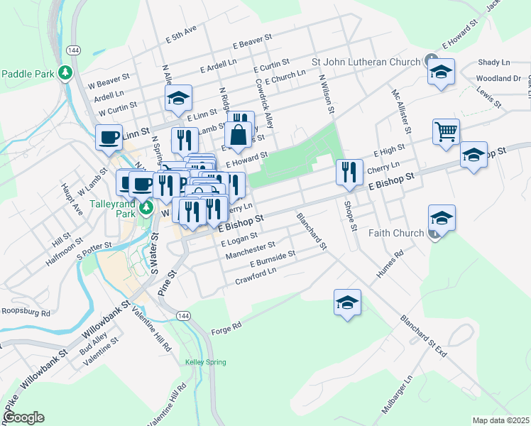 map of restaurants, bars, coffee shops, grocery stores, and more near 317 East Logan Street in Bellefonte