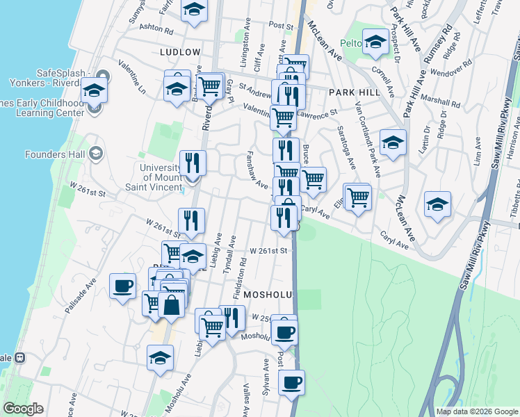 map of restaurants, bars, coffee shops, grocery stores, and more near 308 West 262nd Street in Bronx