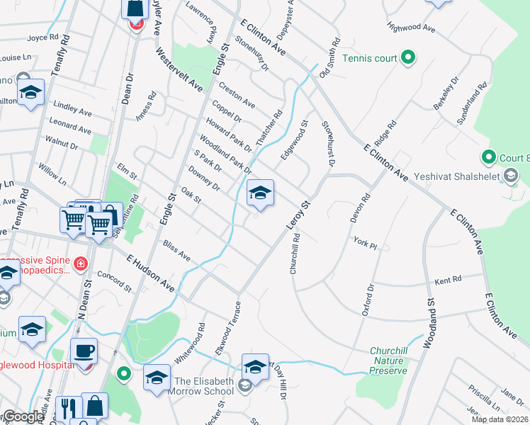 map of restaurants, bars, coffee shops, grocery stores, and more near 101 Downey Drive in Tenafly