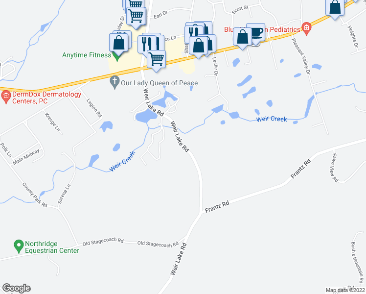 map of restaurants, bars, coffee shops, grocery stores, and more near 61 Weir Lake Road in Brodheadsville