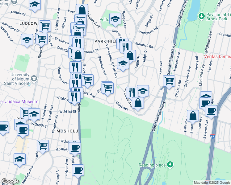 map of restaurants, bars, coffee shops, grocery stores, and more near 620 Van Cortlandt Park Avenue in Yonkers