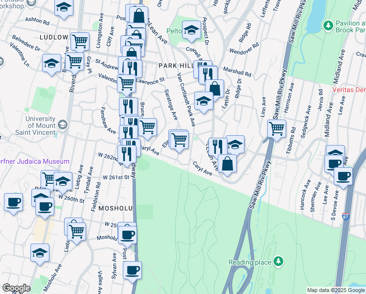 map of restaurants, bars, coffee shops, grocery stores, and more near 197 Saratoga Avenue in Yonkers