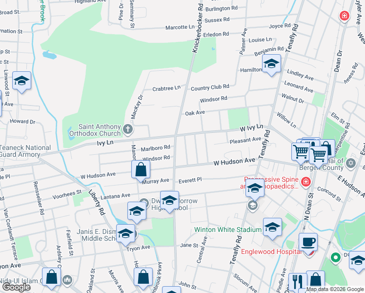 map of restaurants, bars, coffee shops, grocery stores, and more near 373 Knickerbocker Road in Englewood
