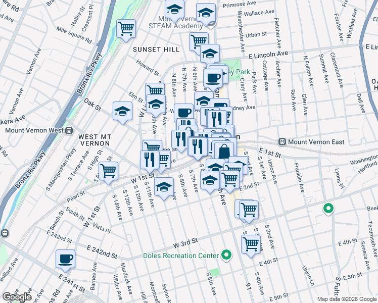 map of restaurants, bars, coffee shops, grocery stores, and more near 121 Stevens Avenue in Mount Vernon