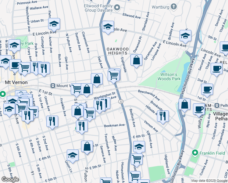 map of restaurants, bars, coffee shops, grocery stores, and more near 21-199 Hartford Avenue in Mount Vernon