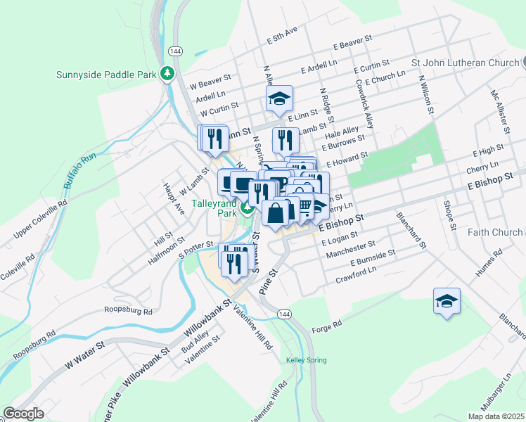 map of restaurants, bars, coffee shops, grocery stores, and more near 222 West High Street in Bellefonte