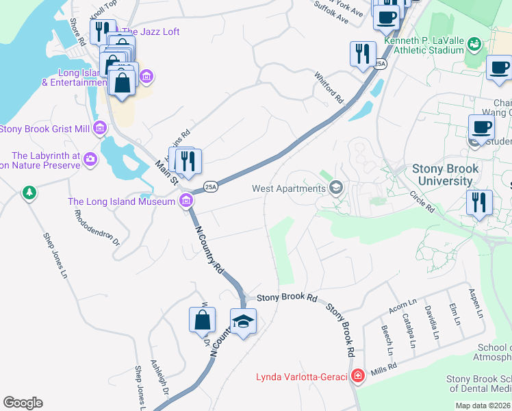 map of restaurants, bars, coffee shops, grocery stores, and more near 15 Bayles Avenue in Stony Brook